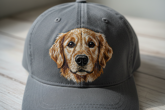 Close-up of a dog portrait embroidered on the front panel of a cap, showing thread texture and stitch detail