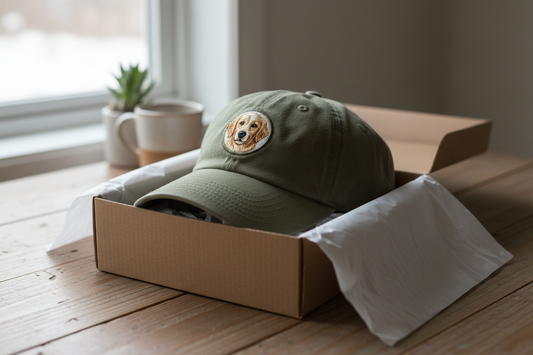 Custom embroidered cap with a dog portrait folded inside an open gift box with tissue paper on a wooden table