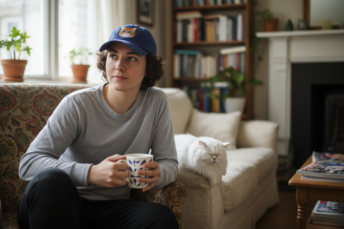 Person wearing a cap with a cat portrait embroidered on the front, sitting at home with a cat nearby