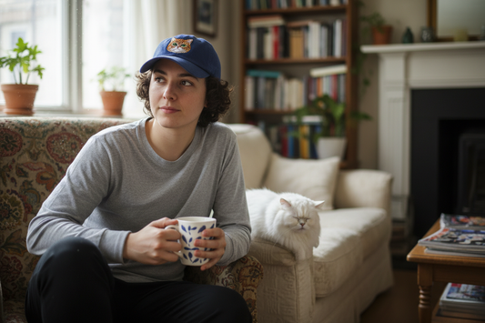 Person wearing a cap with a cat portrait embroidered on the front, sitting at home with a cat nearby